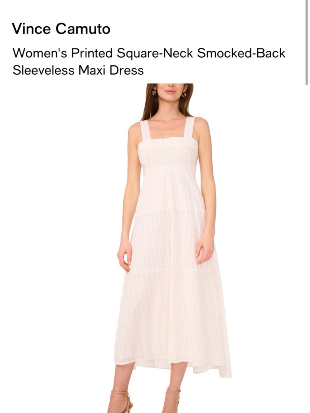 Vince Camuto White Square-Neck Printed Smocked-Back Maxi Dress